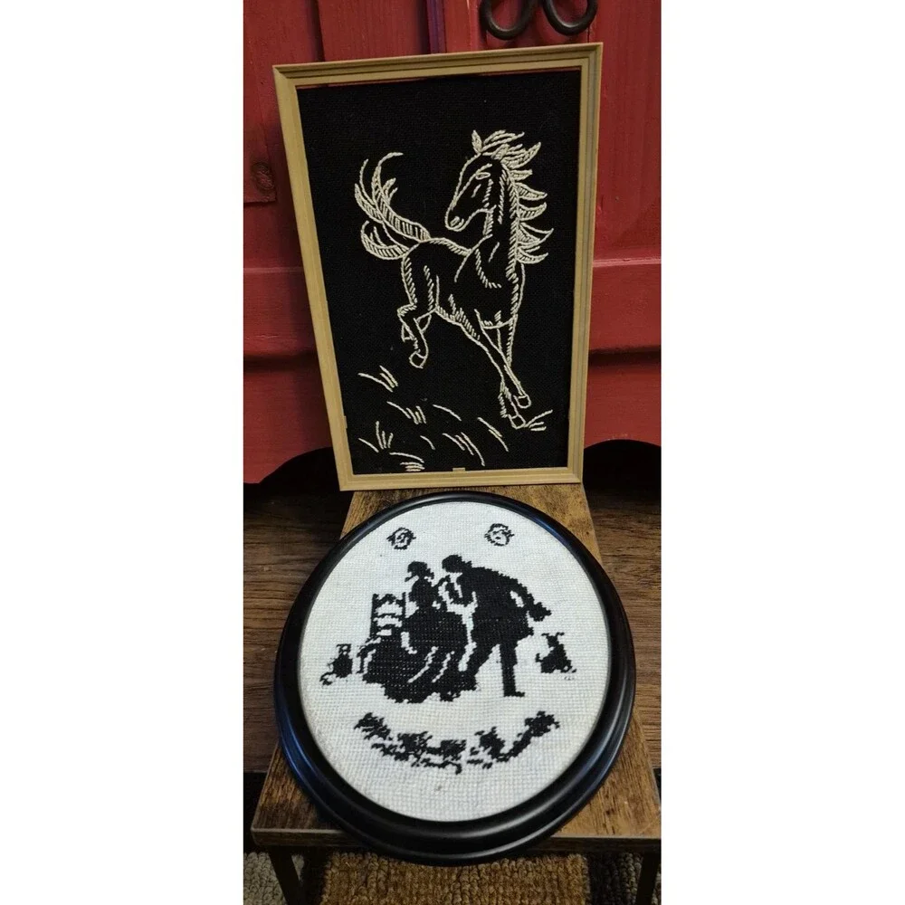 2 Cottage Core Boho Cross Stitch In Frames Horse And Courting Couple With Dog